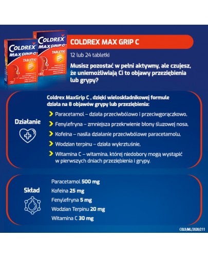 Coldrex MaxGrip C 500 mg + 25 mg + 5 mg + 20 mg + 30 mg 12 tabletek