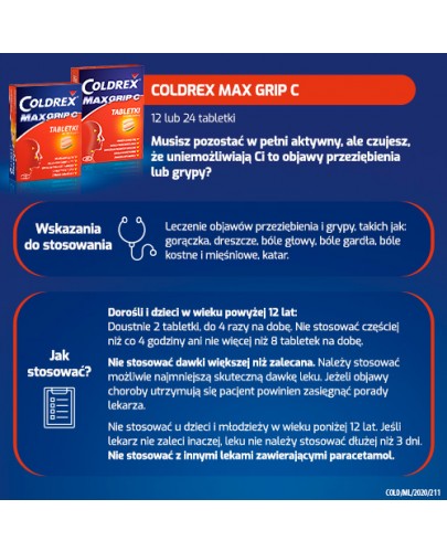 Coldrex MaxGrip C 500 mg + 25 mg + 5 mg + 20 mg + 30 mg 12 tabletek