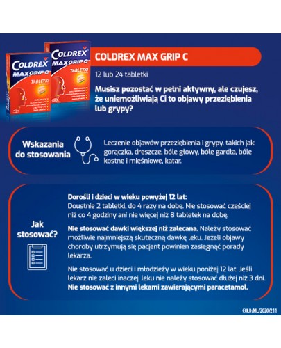 Coldrex MaxGrip C 500 mg + 25 mg + 5 mg + 20 mg + 30 mg 12 tabletek