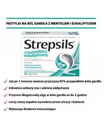 Strepsils z mentolem i eukaliptusem 24 pastylek twardych