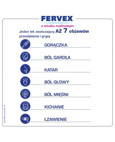 Fervex 500 mg + 25 mg + 200 mg lek na objawy przeziębienia i grypy smak malinowy 12 saszetek