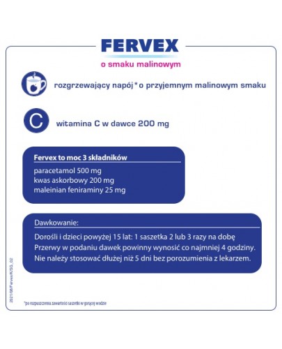 Fervex 500 mg + 25 mg + 200 mg lek na objawy przeziębienia i grypy smak malinowy 12 saszetek