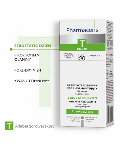 Pharmaceris T Sebostatic Dzień krem przeciwtrądzikowy SPF20 matująco normalizujący do twarzy 50 ml + Pharmaceris T płyn bakteriostatyczny 80 ml
