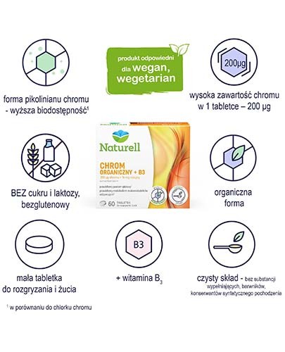 Naturell Chrom organiczny 0,2mg + witamina B3 16mg 60 tabletek