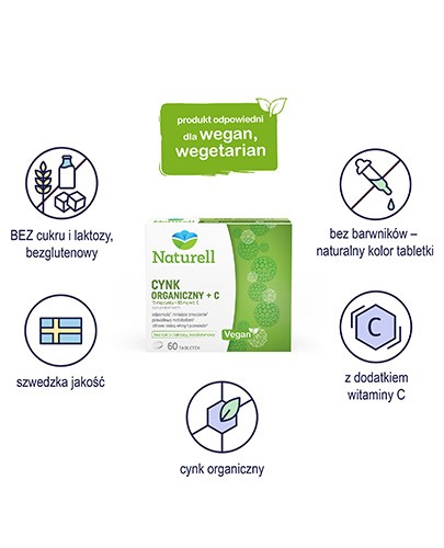 Naturell Cynk organiczny 15mg + witamina C 80mg 60 tabletek