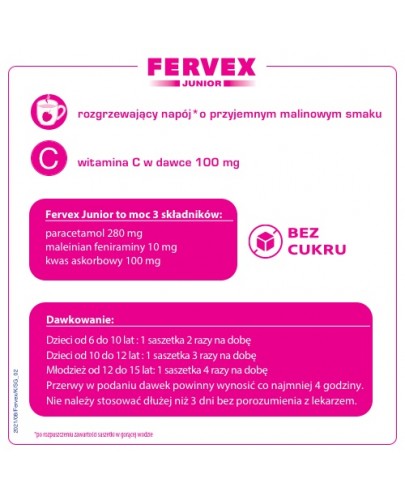 Fervex Junior 280 mg + 10 mg + 100 mg granulat do sporządzania roztworu doustnego smak malinowy 8 saszetek