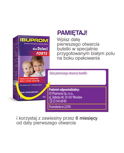 Ibuprom dla dzieci Forte 200mg/5ml zawiesina smak truskawkowy dla dzieci 3m+ 100 ml