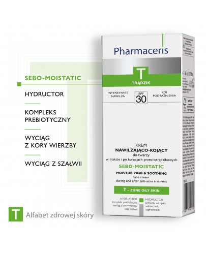 Pharmaceris T Sebo-Moistatic krem nawilżająco-kojący do twarzy w trakcie i po kuracji przeciwtrądzikowej SPF 30 50 ml [Kup 2 produkty z linii Pharmaceris T = Płyn micelarny Pharmaceris T 200 ml]