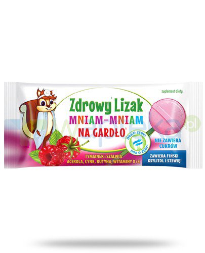 Zdrowy lizak Mniam-Mniam na gardło o smaku malinowym 5 sztuk