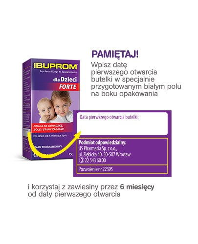 Ibuprom dla dzieci Forte 200mg/5ml zawiesina smak truskawkowy dla dzieci 3m+ 150 ml