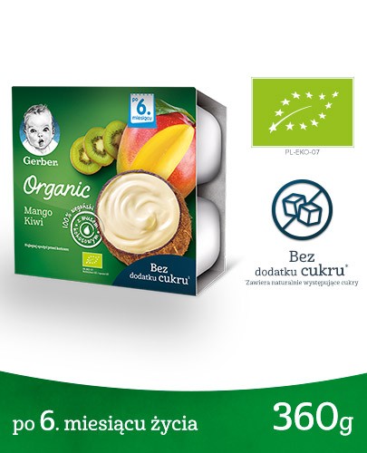 Nestlé Gerber Organic Mango Kiwi deserek z musem kokosowym dla dzieci 6m+ 4 x 90 g