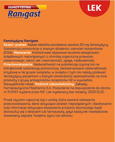 Famotydyna Ranigast 20 mg 20 tabletek powlekanych