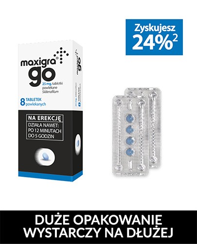 Maxigra Go 25 mg (Sildenafil) na zaburzenia erekcji 8 tabletek powlekanych