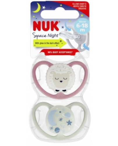 NUK Space Night smoczek silikonowy uspokajający świecący w ciemności 6-18m 2 sztuki [736619B]