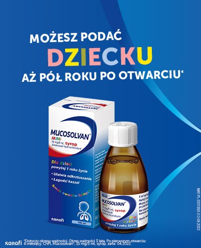 Mucosolvan Mini 15mg/5 ml syrop dla dzieci na kaszel 100 ml + Mucosolvan syrop na kaszel 30mg/5ml 200 ml [ZESTAW]