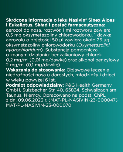 Nasivin Sinex Aloes i Eukaliptus 0,5mg/ml aerozol do nosa 15 ml