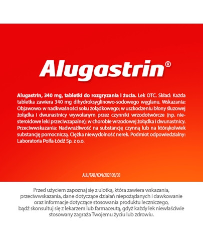 Alugastrin, 340 mg, tabletki do rozgryzania i żucia o smaku miętowym 40 sztuk