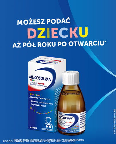 Mucosolvan Mini 15mg/5 ml syrop dla dzieci na kaszel 100 ml + Mucosolvan syrop na kaszel 30mg/5ml 200 ml [2-PAK]