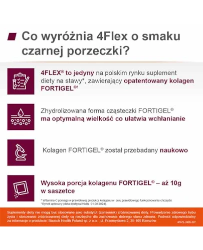 4 Flex, kolagen fortigel + witamina C o smaku czarnej porzeczki, saszetki, 30 sztuk