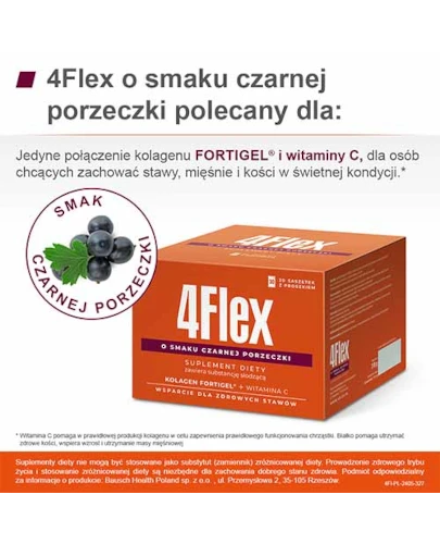 4 Flex, kolagen fortigel + witamina C o smaku czarnej porzeczki, saszetki, 30 sztuk