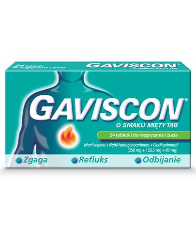 zdjęcie produktu Gaviscon 250 mg + 133,5 mg + 80 mg o smaku mięty tabletki 24 sztuk