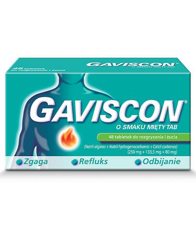 zdjęcie produktu Gaviscon 250 mg + 133,5 mg + 80 mg o smaku mięty tabletki 48 sztuk