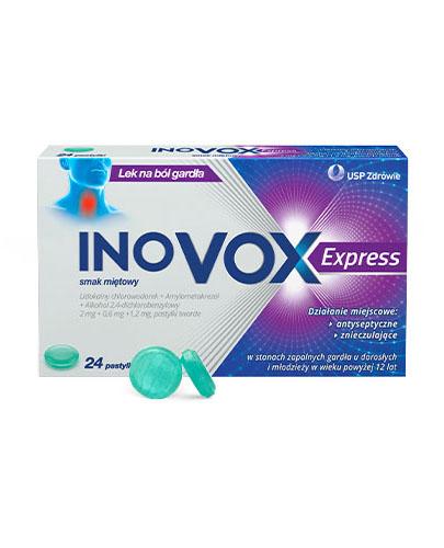 zdjęcie produktu Inovox Express 2 mg + 0,6 mg + 1,2 mg na gardło smak miętowy 24 pastylki
