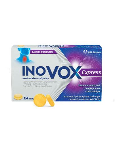 zdjęcie produktu Inovox Express 2 mg + 0,6 mg + 1,2 mg na gardło smak miodowo-cytrynowy 24 pastylki