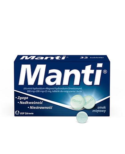 zdjęcie produktu Manti 200 mg + 200 mg + 25 mg smak miętowy do rozgryzania i żucia 32 tabletki