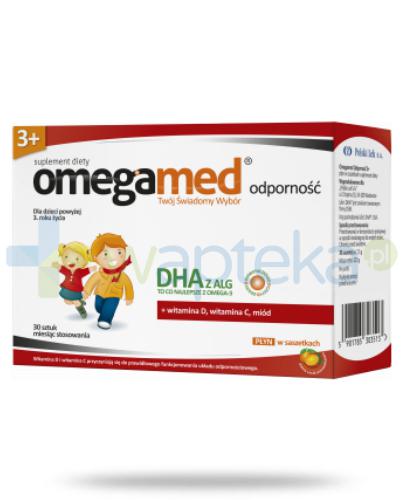 podgląd produktu Omegamed Odporność DHA z ALG dla dzieci 3+ płyn w saszetkach smak pomarańczowy 30 sztuk