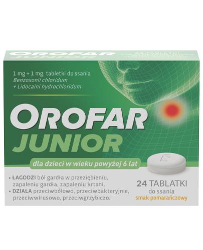 zdjęcie produktu Orofar Junior tabletki do ssania na ból gardła smak pomarańczowy - 24 sztuki