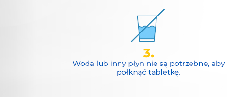 Woda lub inny płyn nie są potrzebne, aby połknąć tabletkę.